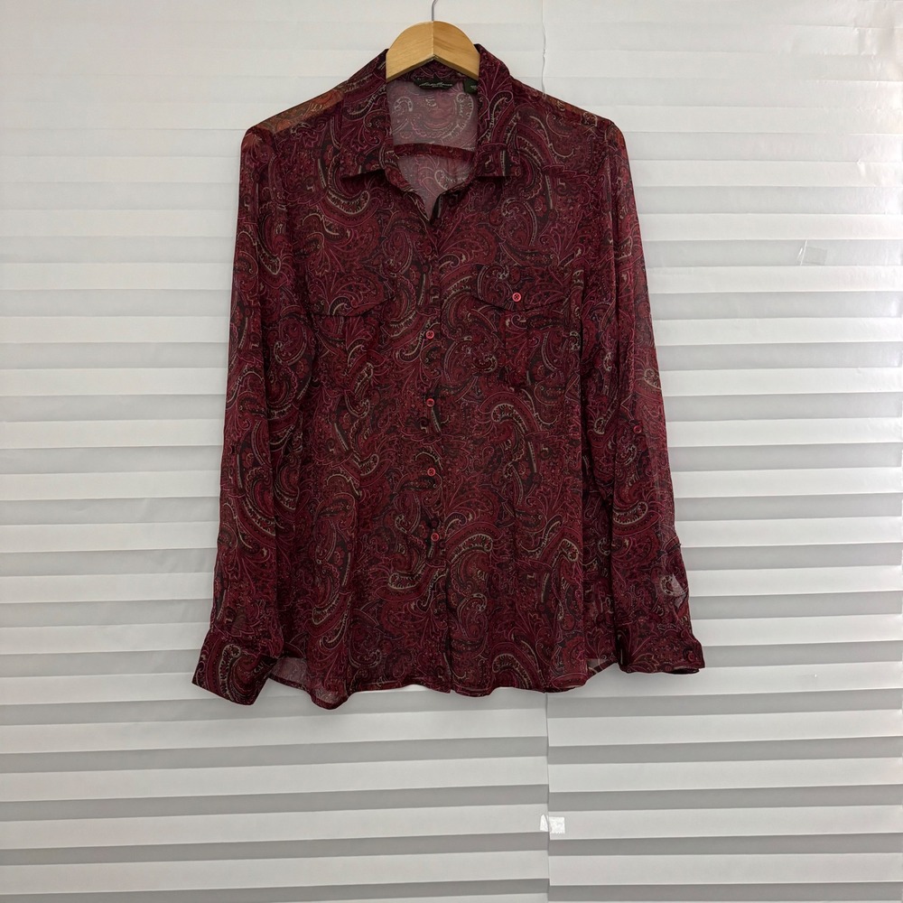 Eddie Bauer Womens XL Sheer Paisley Button Down Blouse Burgundy Long Sleeve Top